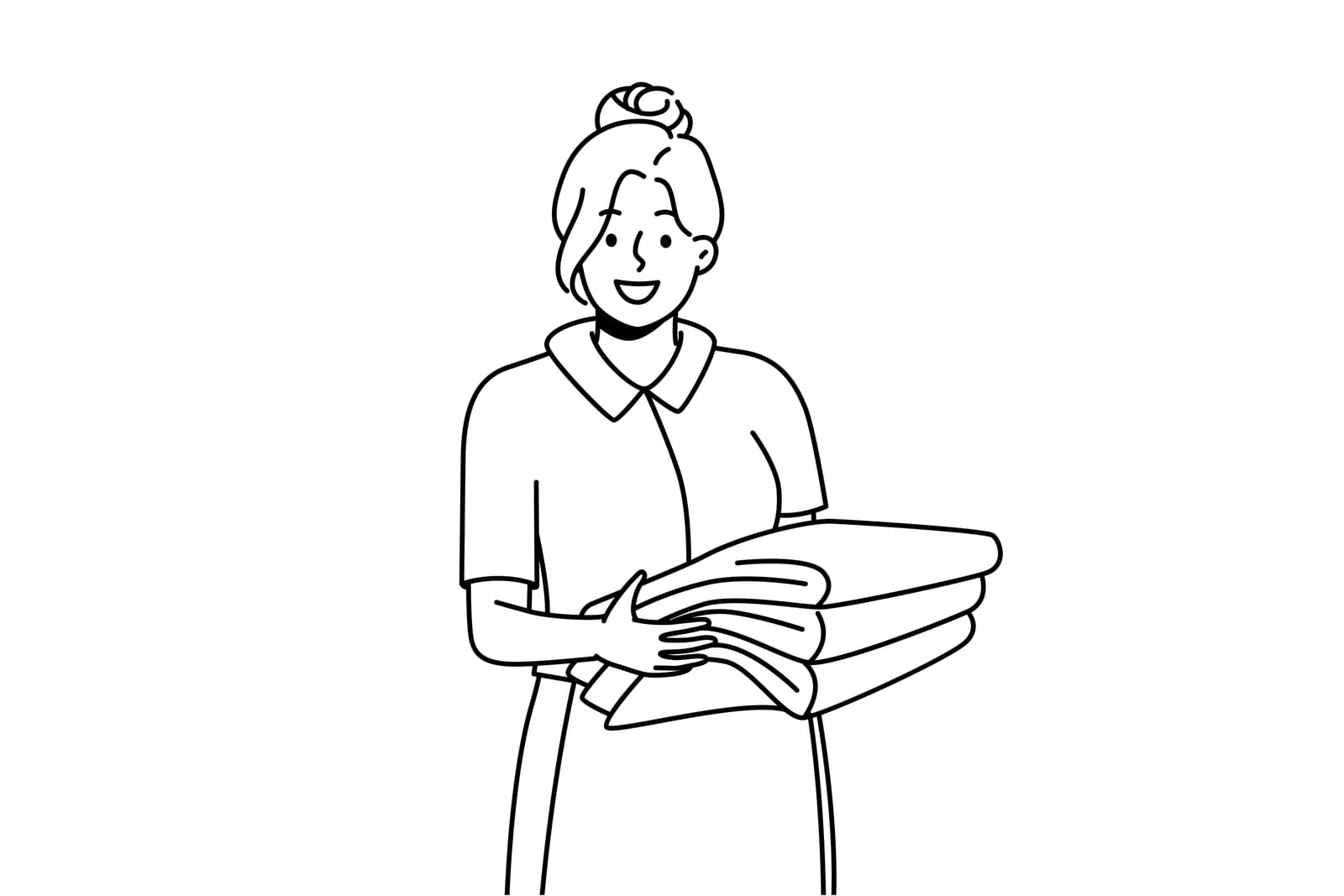 smiling-housekeeper-with-stack-of-towels Strichzeichnung einer lächelnden Frau mit Dutt, Hemd mit Kragen und einem ordentlich gefalteten Stapel Handtücher oder Bettwäsche in den Armen. Der Hintergrund ist schlicht weiß.