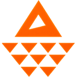 Orangefarbenes geometrisches Design mit einem großen Dreieck oben und einem kleineren dreieckigen Ausschnitt. Darunter befinden sich drei Reihen kleinerer, massiver Dreiecke, die ein umgekehrtes Trapez bilden. Das Design ist auf weißem Hintergrund angeordnet.